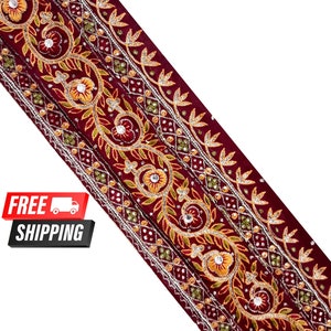 Embroidered Silk Fabric Lace-Floral Fabric Trim, Wedding Dress, Sari Border, Saree Fabric, Art Quilt, Indian Trim By The Yard, Table Runner