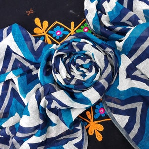 Vintage Dupatta Long Stole Pure Cotton Shawl Blue Printed Scarves