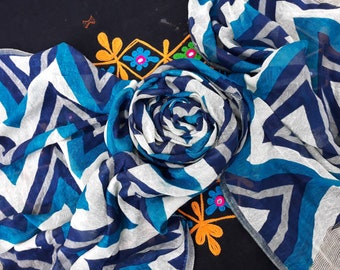 Vintage Dupatta Long Stole Pure Cotton Shawl Blue Printed Scarves