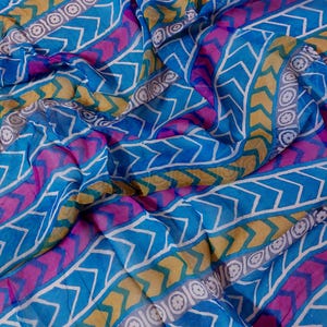 Vintage Chiffon Silk Dupatta Scarf, Indian Ethnic Printed Stole,Blue Pink Boho Wrap, Lightweight Silk Veil,  Women’s Valentine&#39;s Day Fashion