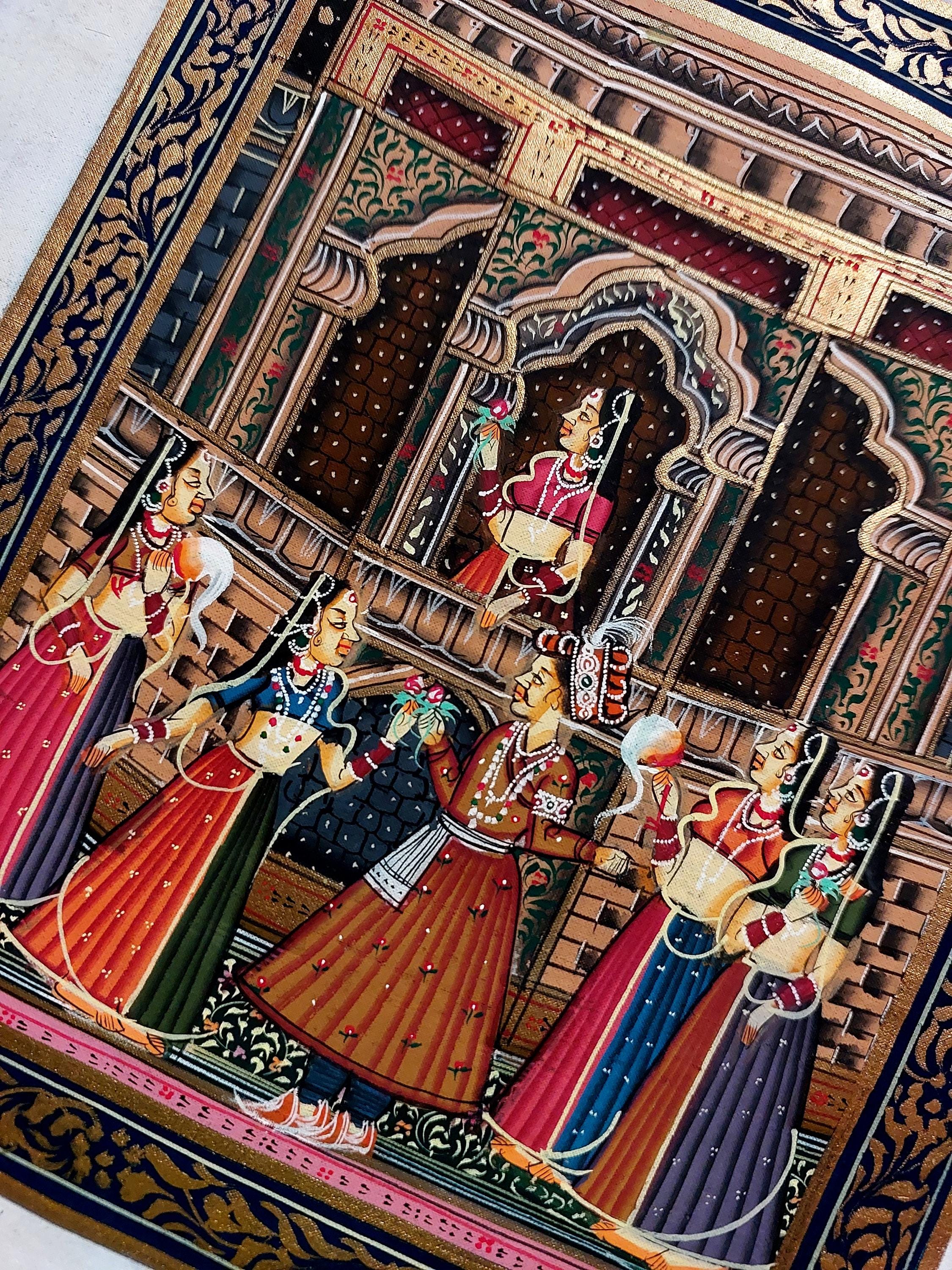 1980s Vintage Handmade Mughal Miniature Painting Royal Rajasthan