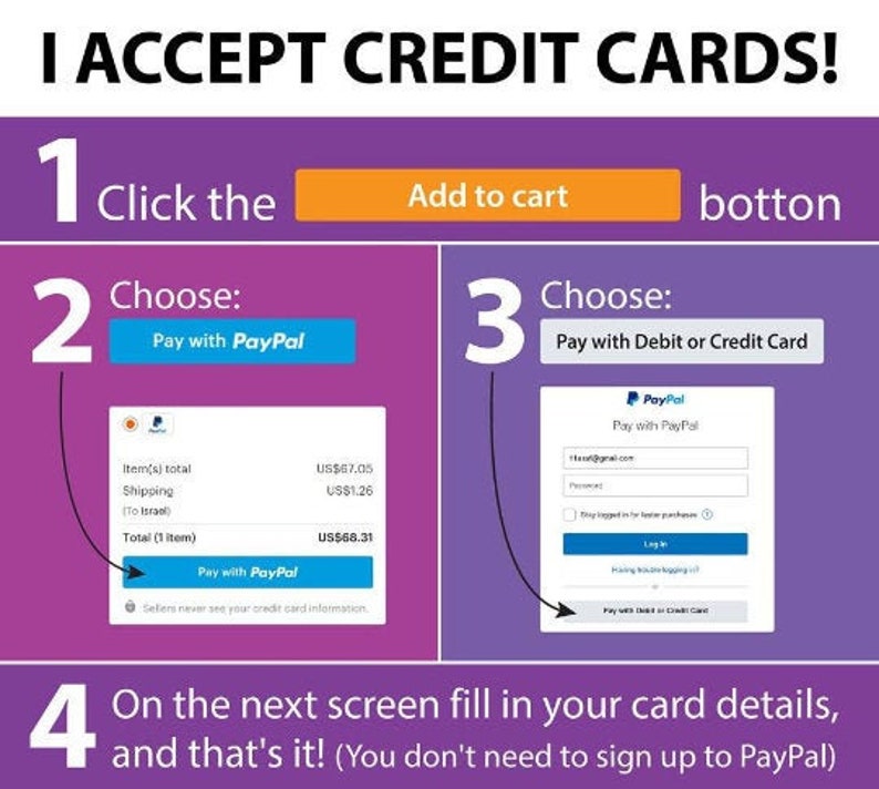 May include: A purple and orange graphic showing how to pay with PayPal or a credit card. The graphic shows a step-by-step process with numbered instructions. The text says "I accept credit cards!" and "Pay with PayPal" and "Pay with Debit or Credit Card".