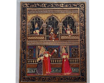 アート・デザイン・音楽 MEDIEVAL &RENAISSANCE MINIATURE PAINTING 1980s Vintage Handmade Mughal Miniature Painting Royal Rajasthan