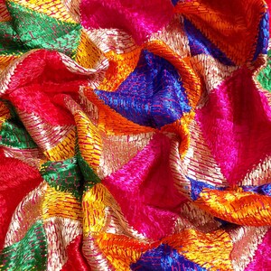 Vintage Handmade Phulkari Dupatta Georgette Silk Multicolor Geometric Indian Embroidered Ethnic Textile Scarf