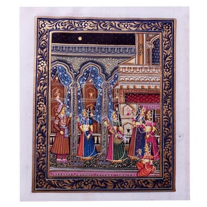 Handgeschilderd Mughal-miniatuurschilderij op pure zijdestof Rajasthan Indian Palace Art DIY