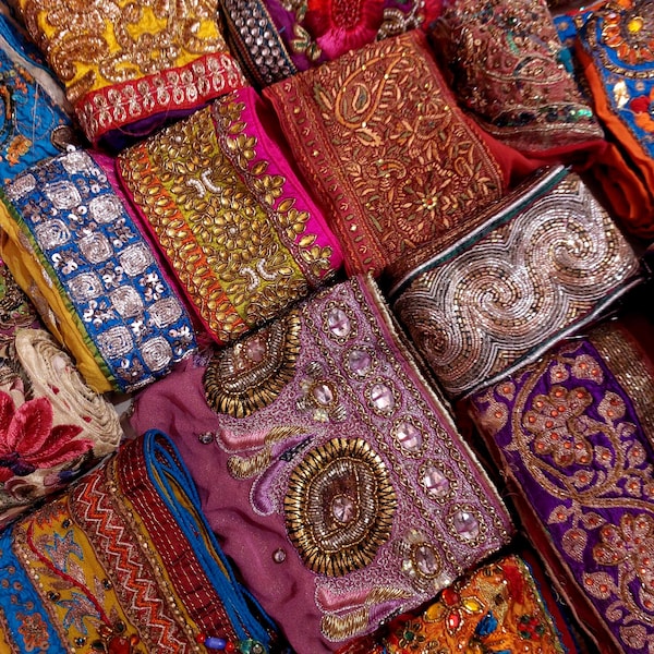 Partihandel med vintage sari-trim – indiska broderade tygrester för sömnad, skräpjournaler, applikationer, hantverksmaterial