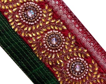 Vintage Indian Saree Trim Embellished Beaded Zari Rhinestone Border Red Green Sewing Craft Ribbon Bridal Decor Lace