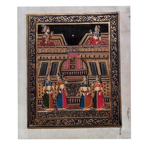 Handmade 1980s Mughal Miniature Painting - Unframed Rajasthani Royal Courtyard Scene with Noble Women - Traditional Indian Wall Art Decor