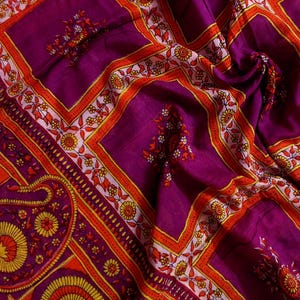Vintage Indian Pure Cotton Saree Vibrant Orange & Purple with Paisley and Geometric Motifs Ethnic Drape Pre-Owned Women Crafts Fabrics Decor