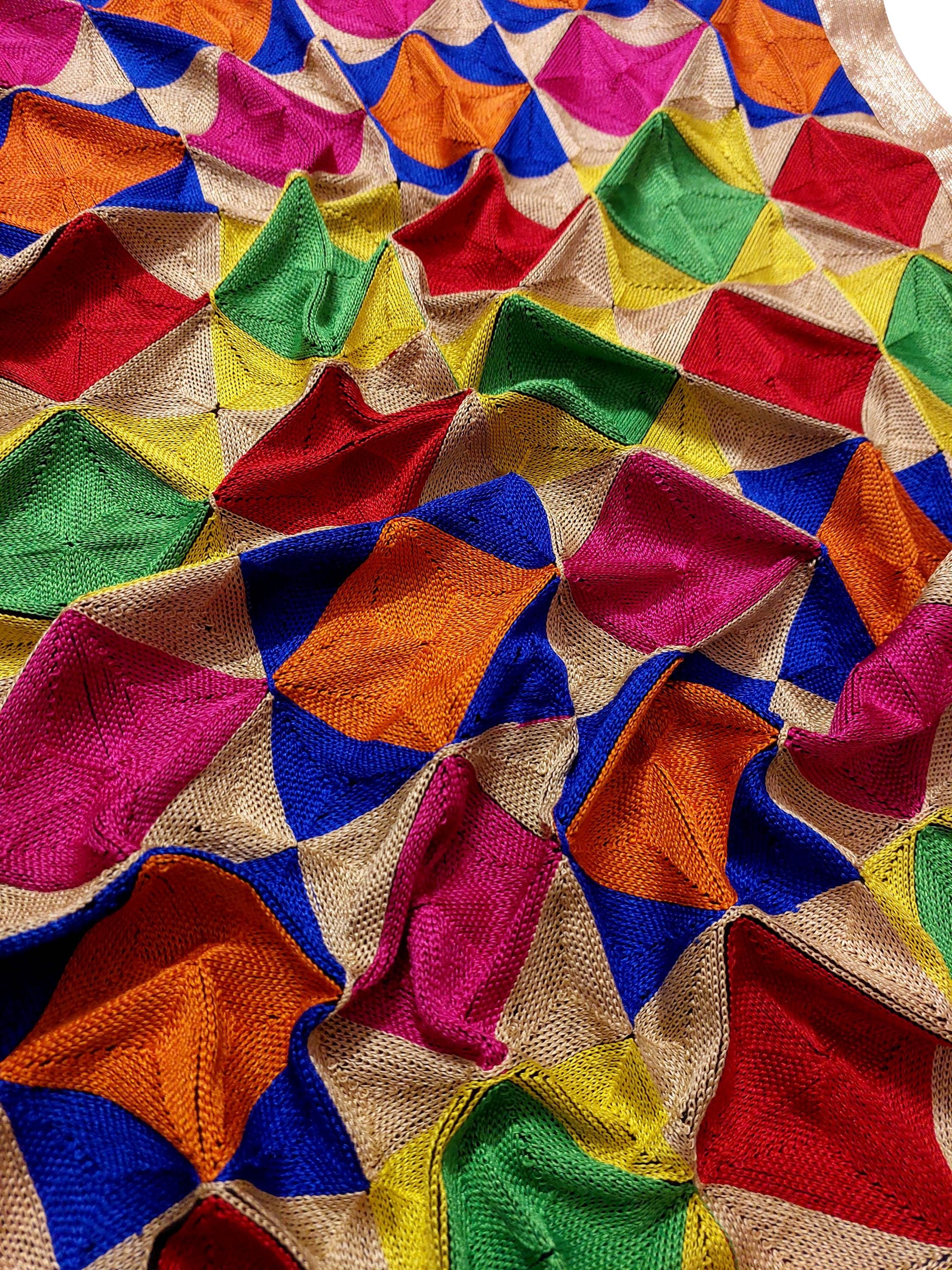Vintage Phulkari Dupatta, wielokolorowy geometryczny patchwork, ręcznie robiony szalik Punjabi, szal ślubny, boho etniczny otulacz, indyjski haftowany szal