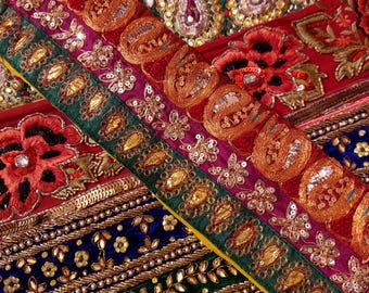 Indian Sari Trim Scrap Bundle – Vintage Embroidered Fabric Remnants for Sewing, Crafting, Junk Journals, Appliqué, and DIY Projects