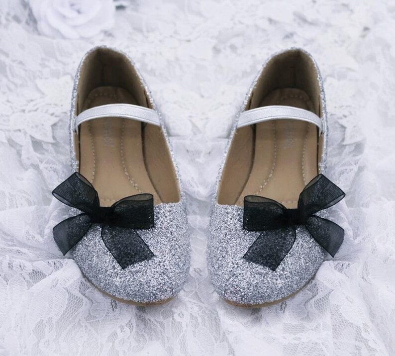 black bow silver glitter shoes Flower Girl Shoes silver kids shoes Glitter mary-jane with satin ribbon bow