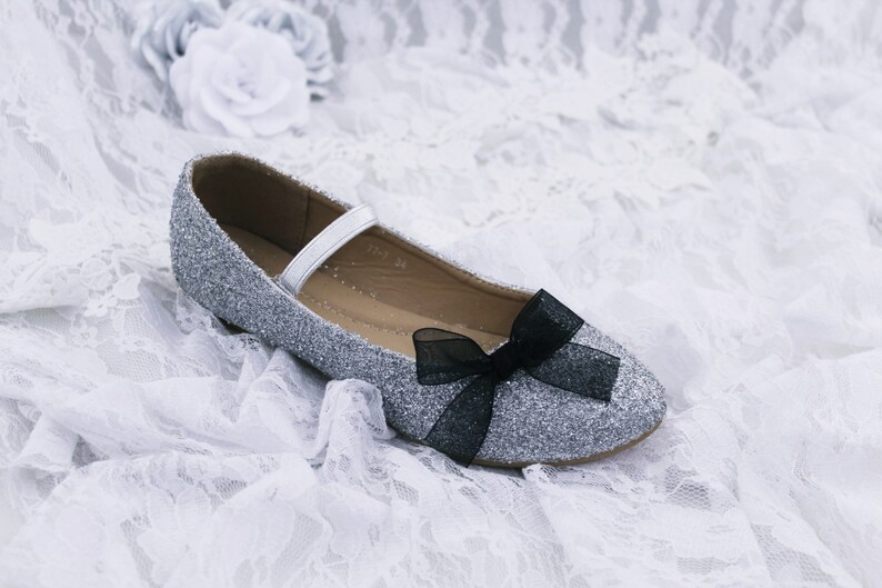 black bow silver glitter shoes Flower Girl Shoes silver kids shoes Glitter mary-jane with satin ribbon bow