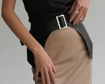 Black Vegan Leather Corset Belt: Wide Basque Waist Belt