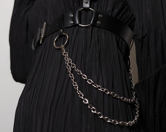 Plus Size Black Leather Chain Harness: Handmade Body Belt