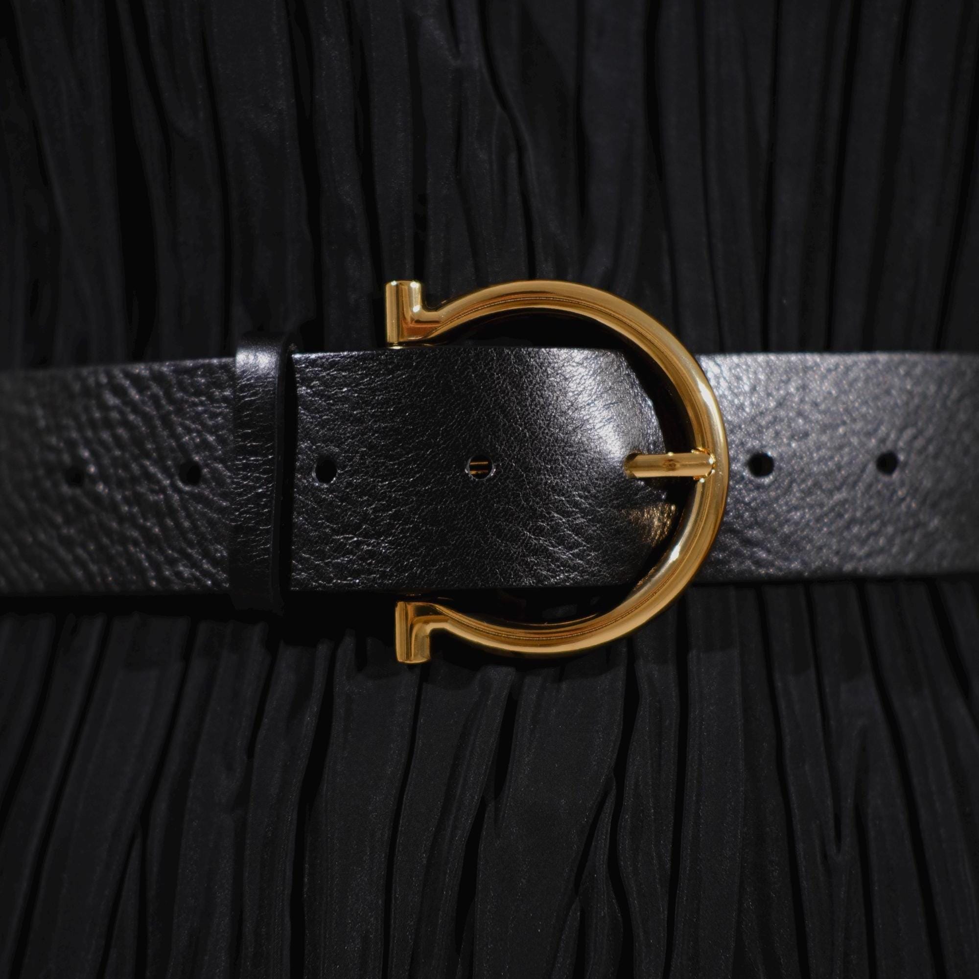 Elegant Vegan Leather Black and Gold  Wide Women\'s Minimalist Belt LANOBA Women Wide Waist Belt Double Grommet With Gold Buckle  main image 4