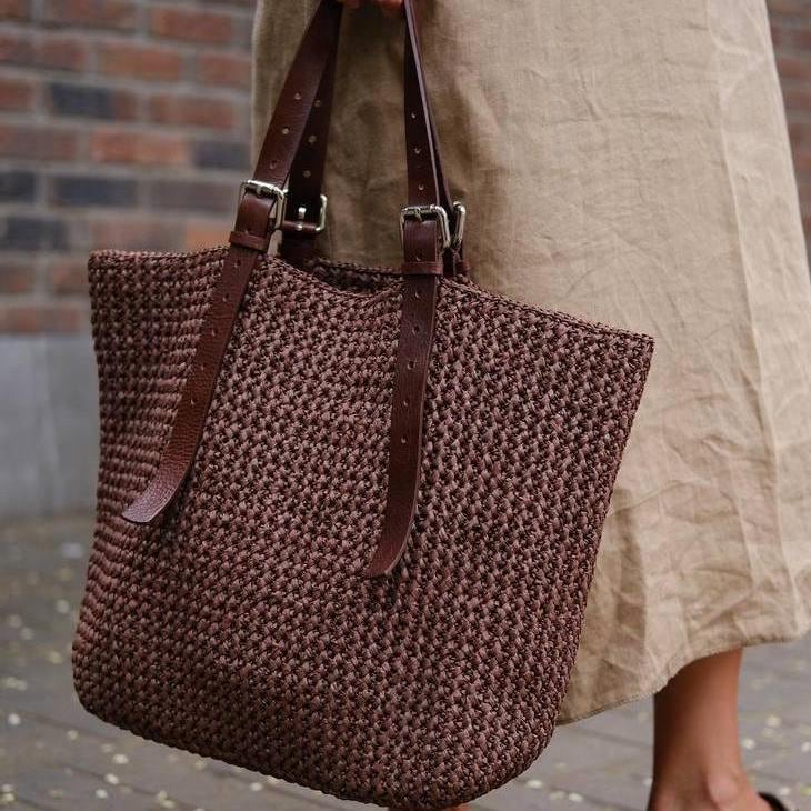 Crochet Raffia Tote Bag: Leather Shoulder Bag, Summer Beach Accessory