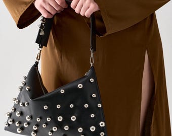 Black Leather Studded Shoulder Bag, Soft Slouchy Clutch with Strap