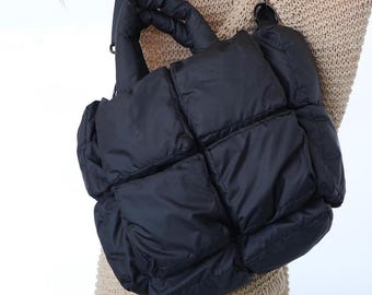 Oversized Black Puffy Laptop Bag: Quilted Tote, Cozy Style