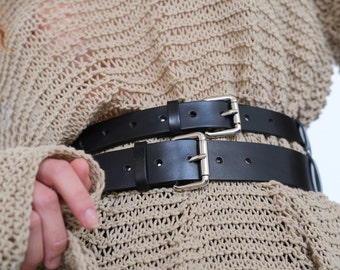 Wide Black Leather Belt with Double Buckle - Plus Size Waist Belt - Adjustable Under Bust Belt - Wide Adjustable Waist Belt in Black Leather