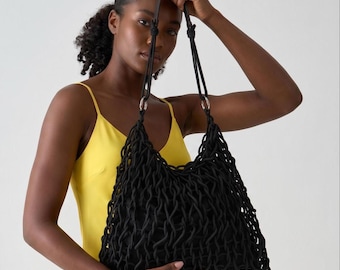 Black Cotton Net Tote Bag, Minimalist Shoulder Bag, Leather Handles