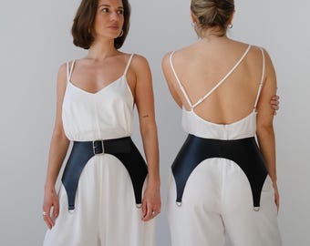 Black Vegan Leather Basque Waist Belt: Corset Style Dress Belt