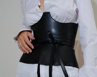 Black Vegan Leather Wide Waist Belt: Eco-Friendly Corset Design