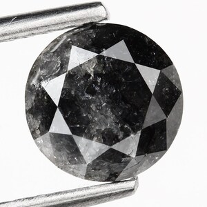 May include: A round, black diamond held by a metal tweezer. The diamond has a faceted cut with visible internal inclusions, creating a speckled appearance. The gem is set against a plain white background, highlighting its dark color and shape.