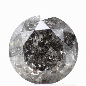 May include: A round, faceted, black diamond with inclusions. The diamond is clear with a dark gray color.