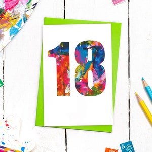 Carte d'anniversaire lumineuse et audacieuse du 18e anniversaire avec enveloppe colorée | Carte de voeux A6 | Carte 18e anniversaire | Design artistique coloré | Blanc à l'intérieur
