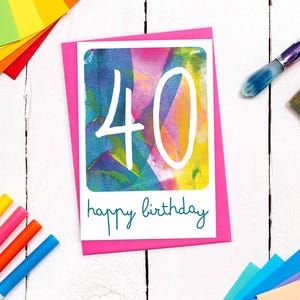 Magnifique carte d'anniversaire pour 40 ans avec enveloppe colorée | Quarantième anniversaire coloré | 40e anniversaire moderne | Cartes d'anniversaire pour elle
