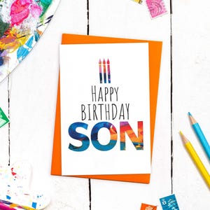 Carte d'anniversaire de fils avec enveloppe colorée | Carte moderne pour fils adulte | Conception d'art abstrait | Carte de voeux A6 | Cartes d'anniversaire de famille