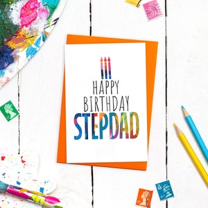 Carte d'anniversaire chic de beau-père et enveloppe colorée | Carte d'anniversaire moderne pour beau-père | Décoration de gâteau d'anniversaire et de bougies | Carte de voeux A6