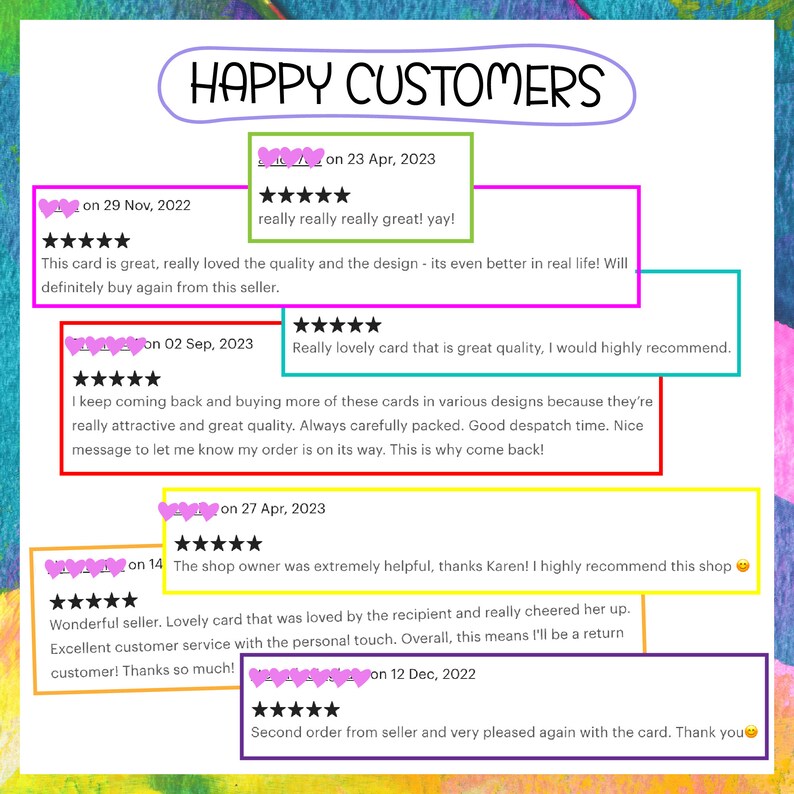 May include: A collage of customer reviews for a shop selling greeting cards. The reviews are positive and include comments about the quality of the cards, the shop owner's helpfulness, and the overall experience. The reviews are dated from November 2022 to December 2022.