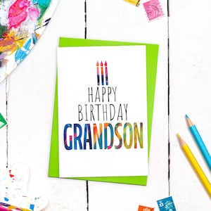 Carte d'anniversaire moderne de petit-fils avec enveloppe colorée | Carte d'anniversaire de petit-fils adulte | Carte de voeux A6 vierge à l'intérieur | Cartes d'anniversaire de famille