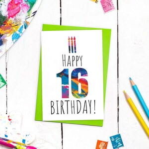 Carte d'anniversaire moderne pour 16 ans avec enveloppe colorée | Carte de voeux A6 | Blanc à l'intérieur | Carte de seizième anniversaire | Conception d'art abstrait