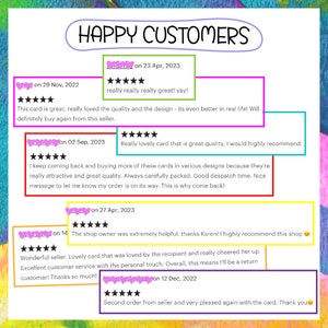 May include: A collage of customer reviews for a shop selling greeting cards. The reviews are positive and include comments about the quality of the cards, the shop owner's helpfulness, and the overall experience. The reviews are dated from November 2022 to December 2022.