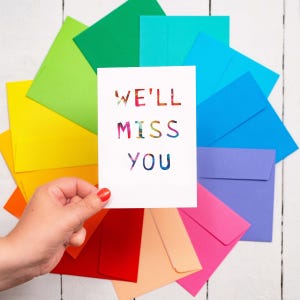 Tu vas nous manquer carte de départ avec enveloppe colorée | Désolé de votre départ | Ami, collègue, famille | Carte de voeux A6 - Intérieur vierge