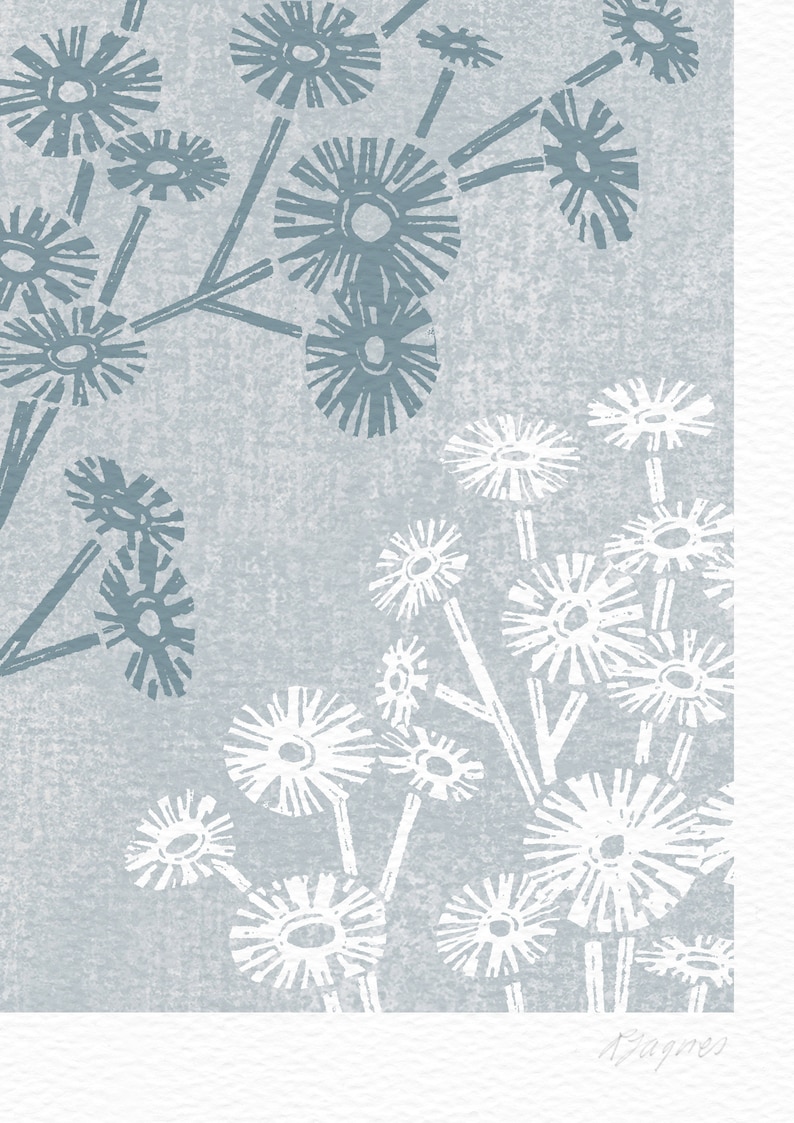 May include: A blue and white floral print with a textured background. The flowers are stylized and resemble dandelions. The print is signed "A. Pagnes".