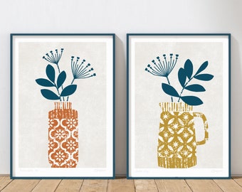 Pair of Flower Prints, Terracotta and Ochre, Boho Wall Art, Orange & Yellow, Modern Botanical, Seed head Art, Kitchen Print, A4 A3, Unframed