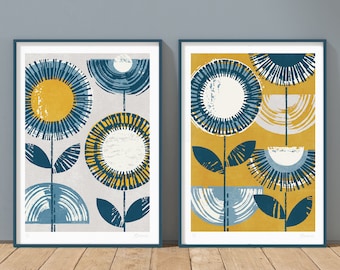 Set of 2 Retro Flower Prints, Mustard Yellow, Navy & Denim Blue, Mid Century Modern, Mid Century Print, Scandinavian Print, A4 A3, Unframed