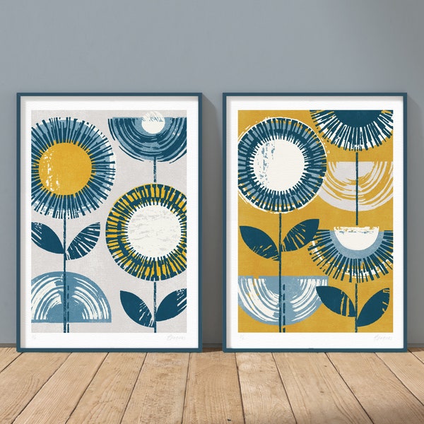 Set of 2 Retro Flower Prints, Mustard Yellow, Navy & Denim Blue, Mid Century Modern, Mid Century Print, Scandinavian Print, A4 A3, Unframed