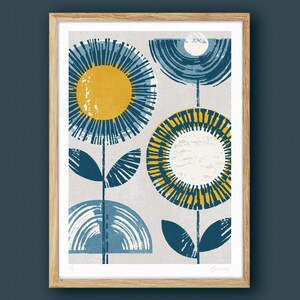 May include: Abstract art print featuring three stylized flowers in shades of blue, yellow, and white on a light gray background. The print has a textured, hand-painted look.