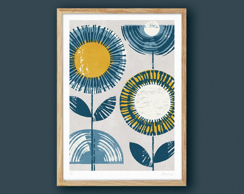 May include: Abstract art print featuring three stylized flowers in shades of blue, yellow, and white on a light gray background. The print has a textured, hand-painted look.