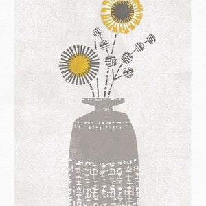 May include: A gray vase with a geometric pattern holds a bouquet of stylized flowers with yellow and gray petals. The flowers are arranged in a modern, abstract style. The text "Vintage Vase No. 1" and "Bagnes" are printed at the bottom of the image.