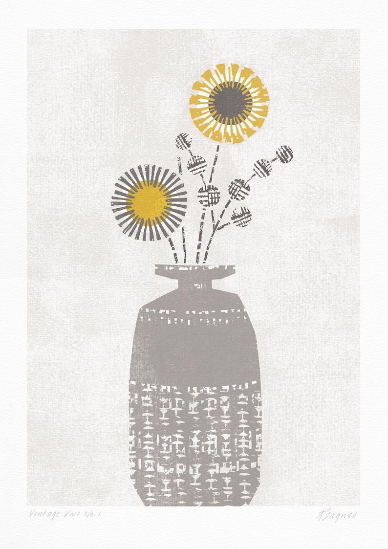 May include: A gray vase with a geometric pattern holds a bouquet of stylized flowers with yellow and gray petals. The flowers are arranged in a modern, abstract style. The text "Vintage Vase No. 1" and "Bagnes" are printed at the bottom of the image.