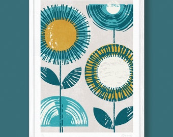 Yellow & Teal Flower Print, Retro Turquoise Print, Scandinavian Botanical, Yellow and Aqua, Ochre Wall Decor, A4, A3, 70's Art, Unframed