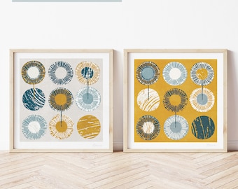 Set of Two Mustard Yellow Prints, Circle Wall Art, Abstract Pattern, Mid Century Modern Art, Grey, Navy Blue, Square Prints, Unframed