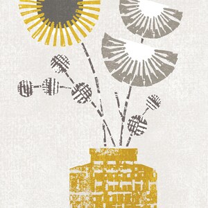 May include: A stylized illustration of a bouquet of flowers in a yellow vase. The flowers are a mix of gray and yellow, with a geometric pattern. The vase is a textured yellow.