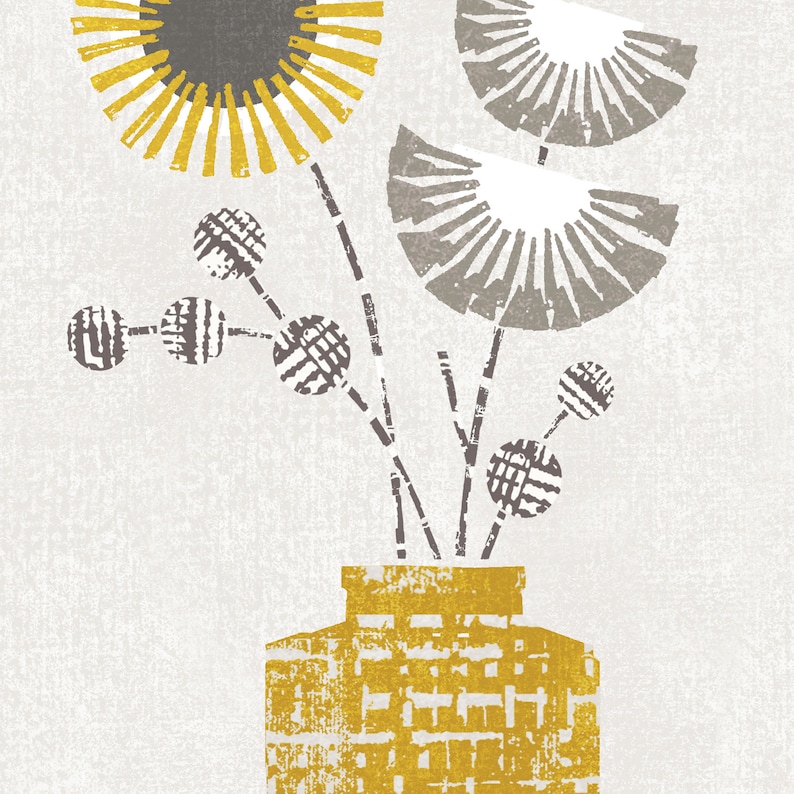 May include: A stylized illustration of a bouquet of flowers in a yellow vase. The flowers are a mix of gray and yellow, with a geometric pattern. The vase is a textured yellow.